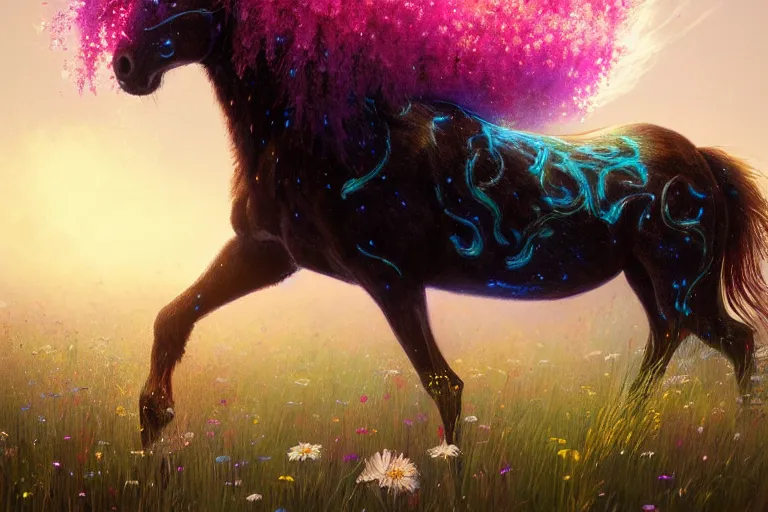 Prompt: a stunning digital painting of a horse with a mane of bioluminescent flowers running through a field of flowers by greg rutkowski, flowercore, volumetric light, digital art, fine detail, photorealistic