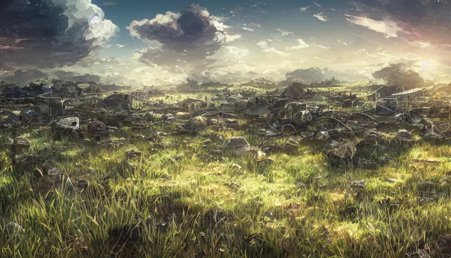 Image similar to the beautiful, chilling, mundane view of a field after war filled with corpses and rocks. hyperrealistic anime background illustration, colorful, extremely detailed intricate linework, smooth, super sharp focus, bright colors, high contrast, matte, octopath traveler, unreal engine 5 highly rendered, global illumination, radiant light