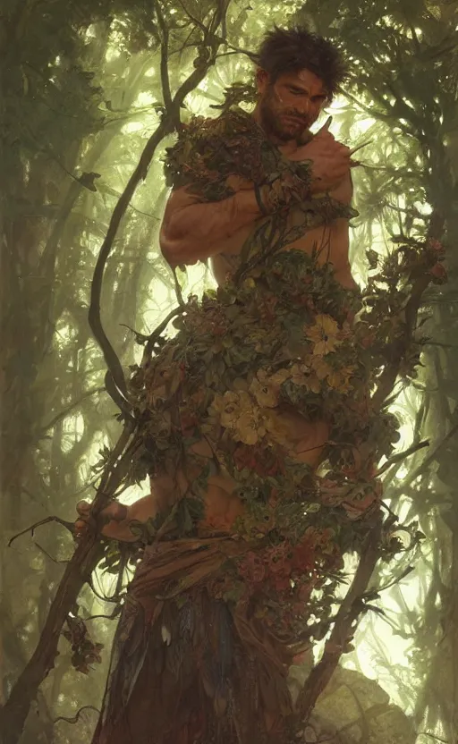 Image similar to god of the forest, rugged, handsome, male, detailed face, clean lines, atmospheric lighting, amazing, full body, thighs, flowers, muscular, intricate, highly detailed, digital painting, deviantart, concept art, sharp focus, illustration, art by greg rutkowski and alphonse mucha