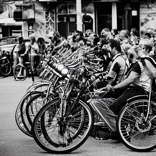 Image similar to a biker gang of coyotes, waiting outside a bar, smoking cigarettes and drinking beer, 25mm, black and white photography