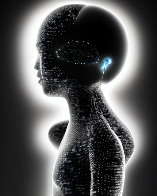 Image similar to black and white young female-cyborg-human-jellyfish-plant high quality photo, microchip, artificial intelligence, bio-mechanical bio-luminescence, black wired cables, neurons, nerve cells, octane render, cinematic, rim light, hyper realism, photo-realistic, high detail, 8k, masterpiece, high fashion, in the style of Dora Maar