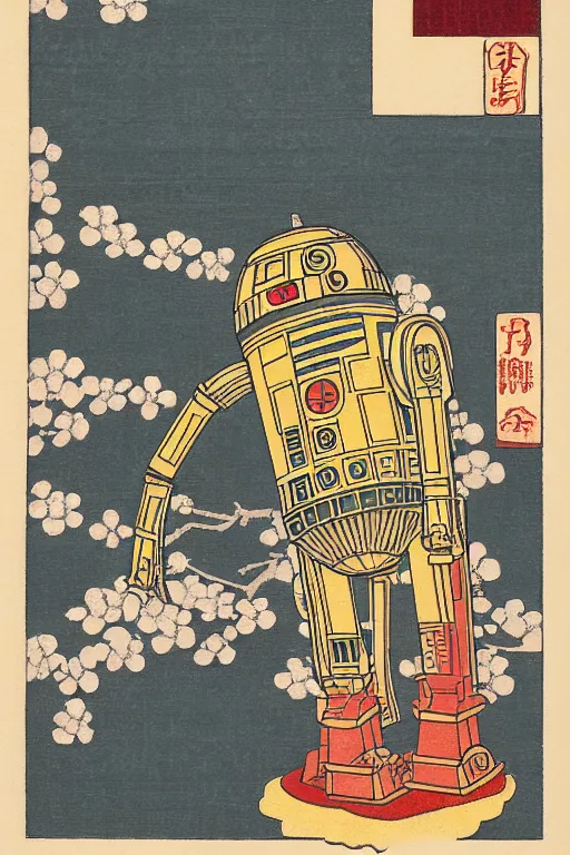 Prompt: Japanese woodblock print of C3PO and r2d2 , cherry blossom, Hokusai