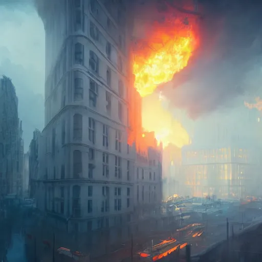 Image similar to city on fire greg rutkowski, digital art, volumetric fog, ue 4, ue 5, unreal engine 5,