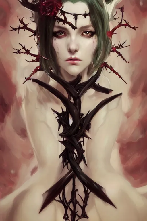 Image similar to Portrait of beautiful pale succubus anime maiden with crown of thorns, and devil's horns, digital art by Ruan Jia and Mandy Jurgens and Artgerm, highly detailed, trending on artstation, award winning,