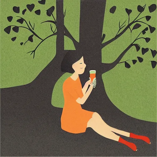 Image similar to “ girl drinking a beer under a tree, illustration by evan m. cohen ”