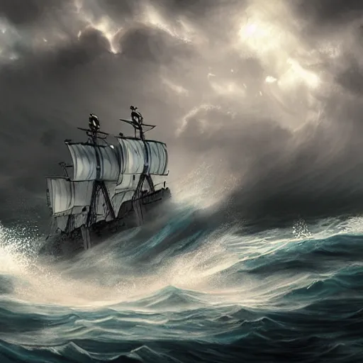 Image similar to pirate ship from one piece sailing, dynamic sky, storm sky, with light piercing through stormy clouds, birds near the ship, rough sea, crepuscular rays, volumetric lighting, pixiv art, cgsociety, highly detailed