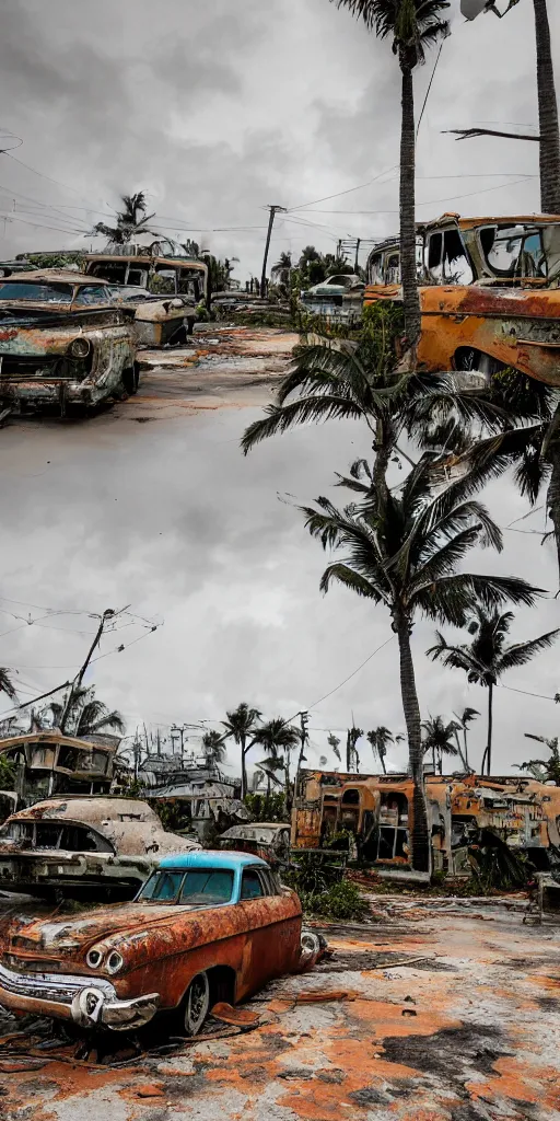 Image similar to wide angle shot of dilapidated fallout 5 miami, tropical coastal city, desolate, dilapidated, some rusted retro futuristic vintage parked vehicles like cars, buses, trucks, trams, slight overcast weather, fog, volumetric lighting, photorealistic, daytime, autumn, sharp focus, ultra detailed,