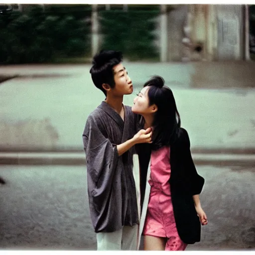 Prompt: two beautiful asian models kissing with no kimono, cinestill, photography