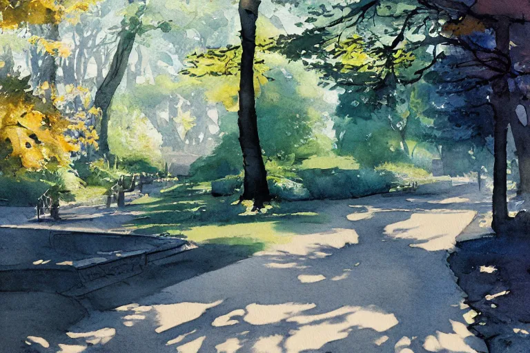 Image similar to small centered on watercolor paper, paint brush strokes, abstract watercolor painting of city park, daylight, shadows, covering foliage over pathway, sunlight, translucent leaves, cinematic light, national romanticism by hans dahl, by jesper ejsing, by anders zorn, by greg rutkowski, by greg manchess, by tyler edlin