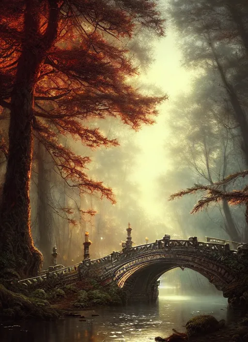 Image similar to old bridge, fantasy forest landscape, fantasy magic, light night, intricate, elegant, sharp focus, illustration, highly detailed, digital painting, concept art, matte, art by wlop and artgerm and ivan shishkin and andrey shishkin, masterpiece