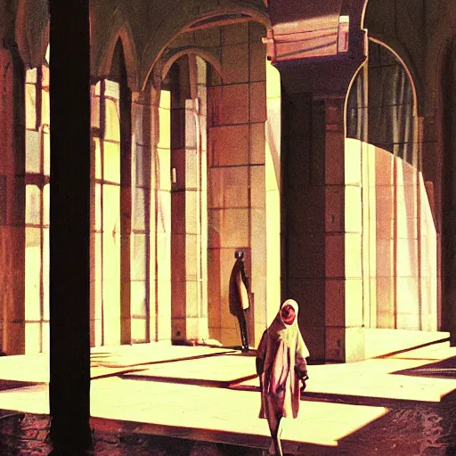 Prompt: beautiful woman, courtyard, capital, mosque interior, reflections, control panel, watcher, omniscient, tech noir, few neon signs, syd mead, matte painting, speed painting, chiaroscuro, oil on canvas