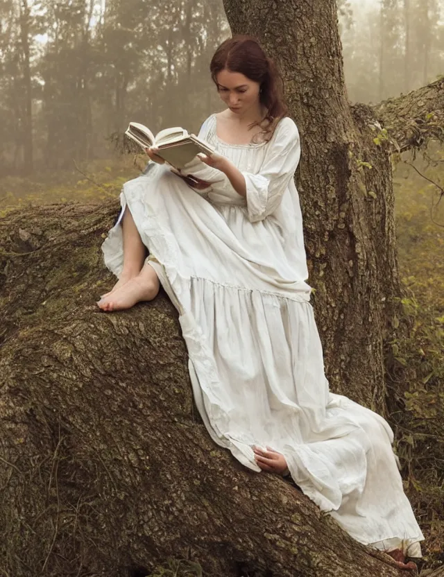 Image similar to beautiful peasant Girl in long white dress reading a book sitting on a tree in a foggy forest, Cinematic focus, Polaroid photo, vintage, neutral colors, soft lights, by Steve Hanks, by Serov Valentin, by lisa yuskavage, by Andrei Tarkovsky 8k render, detailed, oil on canvas