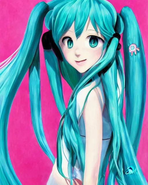 Image similar to a very beautiful painting of Hatsune Miku by Earl Moran