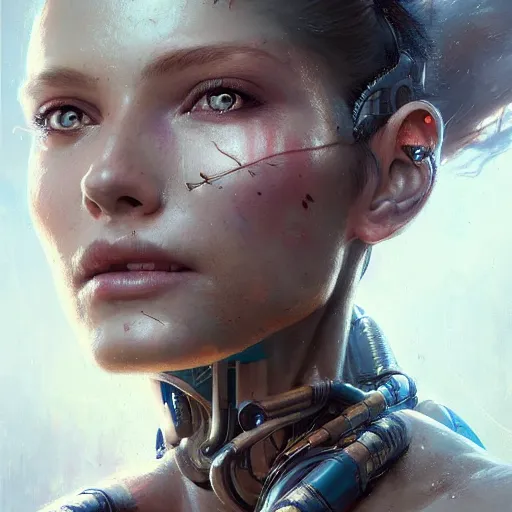Prompt: a beautiful portrait of a cyborg goddess, a detailed painting by greg rutkowski and raymond swanland, featured on cgsociety, fantasy art, detailed painting, artstation hd, photorealistic