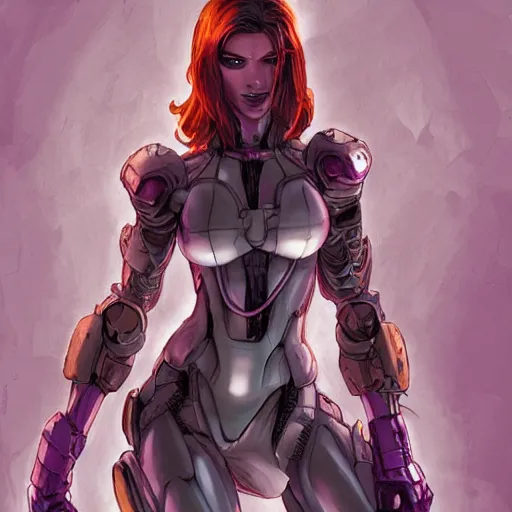 Image similar to pale woman with flowing purple hair in rusted sci - fi power armor, high detail, stoic, elegant, by stjepan sejic, sunstone