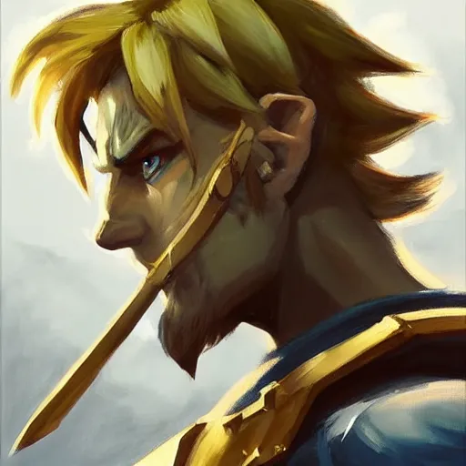 Image similar to greg manchess portrait painting of link from legend of zelda as overwatch character, medium shot, asymmetrical, profile picture, organic painting, sunny day, matte painting, bold shapes, hard edges, street art, trending on artstation, by huang guangjian and gil elvgren and sachin teng