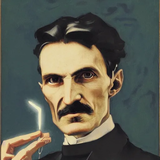 Image similar to portrait of nikola tesla holding wireless light, hanafuda oil on canvas by ivan shishkin, james jean and yoji shinkawa