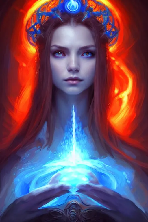 Image similar to Front portrait of mage hold a blue fire on right hand and red fire on the left hand, fine art, awesome fantasy book cover on Pinterest, award winning, dark fantasy landscape, fantasy magic, intricate, elegant, sharp focus, highly detailed, digital painting, concept art, art by WLOP and Artgerm and Greg Rutkowski, masterpiece, trending on artstation