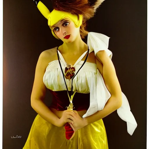 Image similar to elegant woman dressed up as pikachu, art photo by Annie Liebovitz and Alphonse Mucha