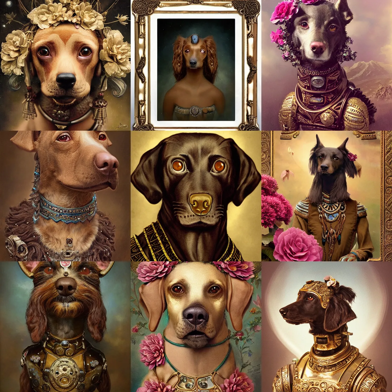 Prompt: a beautiful ultradetailed vintage photo of an ancient aztec dog breed, by tom bagshaw and anna dittman, portrait, vignette, 8 5 mm lens, golden ratio composition, detailed faces, studio photography, very detailed, robot dogs overgrown with flowers, artstation, 8 k, highly coherent