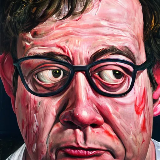 Prompt: high quality high detail painting of todd solondz portrait, sad, showing strong repulsion, pain, no fun ; full of sorrow, by lucian freud and francis bacon, hd, photorealistic lighting