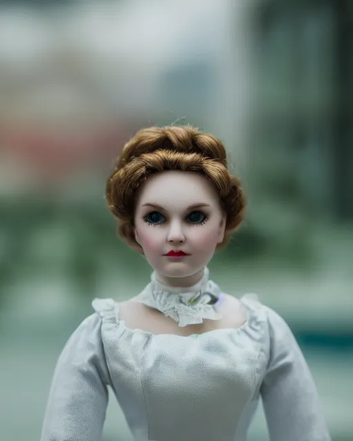 Image similar to high quality presentation photo of kim wexler as a porcelain doll, photography 4k, f1.8 anamorphic, bokeh, 4k, Canon, Nikon