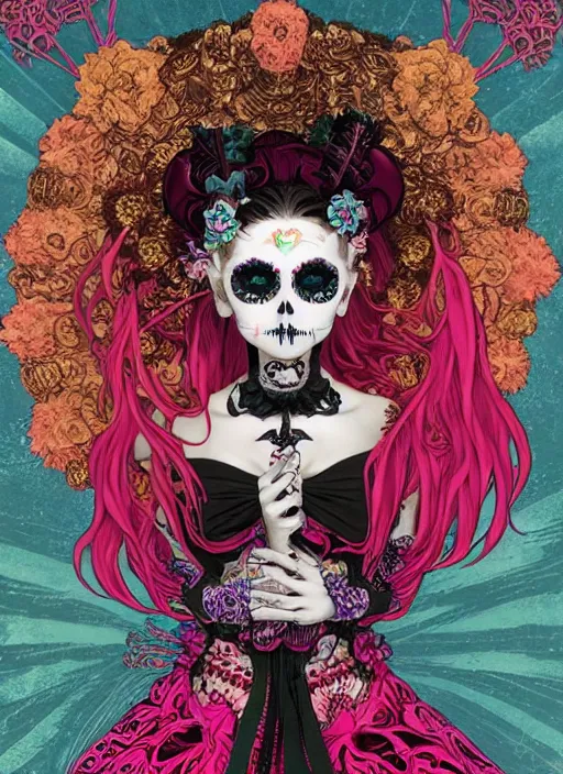 Image similar to cute punk goth fashion fractal Día de los Muertos girl posing by Zhang Jingna, poster art by Dan Mumford Kilian Eng Hannah Jeffrey Smith Rick Griffin Alphonse Mucha