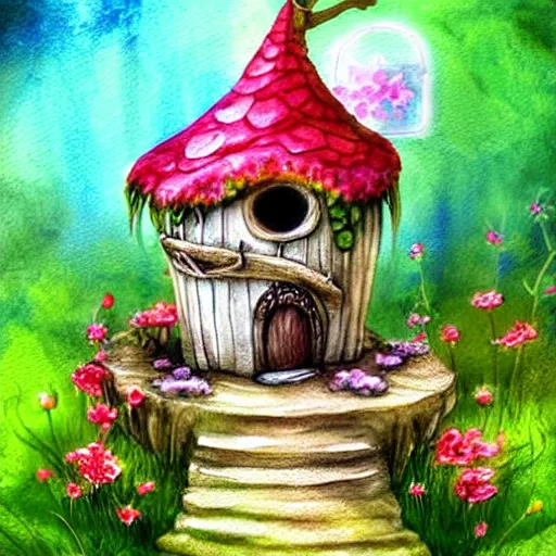 Image similar to cute fantasy fairy house, tea cup, digital illustrations by tonia tkach, watercolor,