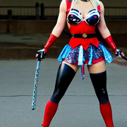 Image similar to A still of Kaley Cuoco as Harley Quinn, wearing her comics-accurate outfit