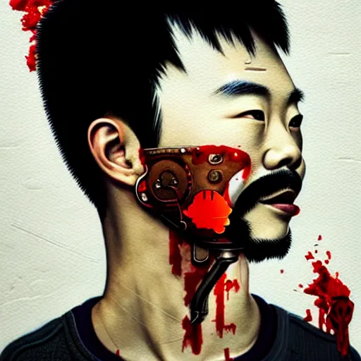 Image similar to portrait of a chinese man :: side profile :: oxygen mask :: blood and ocean intricate details :: 8k :: by vikings and Sandra Chevrier