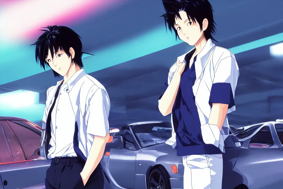 Prompt: aesthetic illustration of very serious ryosuke takahashi with black hair wearing a dark blue shirt and white pants stands leaning with one leg on his white mazda rx 7 on an empty gas station at dusk, initial d anime 1 0 8 0 p, detailed anime face, high detail, 9 0 s anime aesthetic, volumetric lights, unreal engine 5 render, pinterest wallpaper,