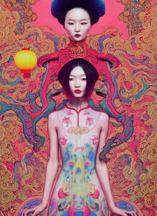 Image similar to pretty chinese model with hallucination mushroom : : by martine johanna and simon stalenhag and chie yoshii and casey weldon and wlop : : ornate, dynamic, particulate, rich colors, intricate, elegant, highly detailed, vogue, harper's bazaar art, fashion magazine, smooth, sharp focus,