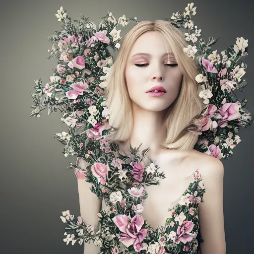 Image similar to beautiful blonde lady in a 3D flower dress , hyperrealistic, ultra detailed, octane render, symmetric, 3d, majestic, dark fantasy, intricate