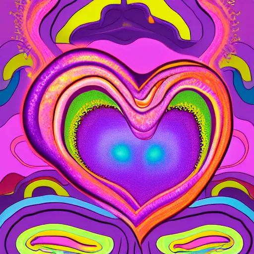Prompt: a highly detailed digital painting of kitschy purple hearts in flames, inspired by lisa frank, dali, matisse, klee, bosch, david hockney, trending on artstation, 4 k