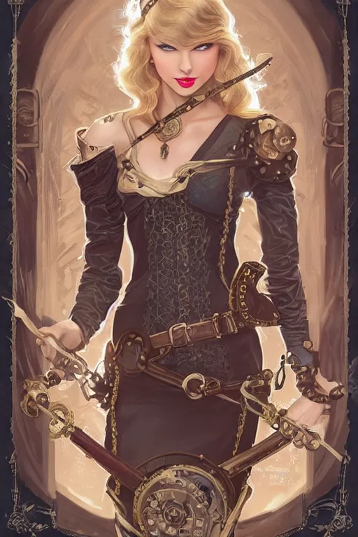 Image similar to taylor swift as a steampunk princess, blonde hair, high fantasy, dnd, smooth, sharp focus, illustration, highly detailed, digital painting, artstation, concept art, by disney animation, rossdraws, alphonse mucha, frank fanzzeta, collectible card art