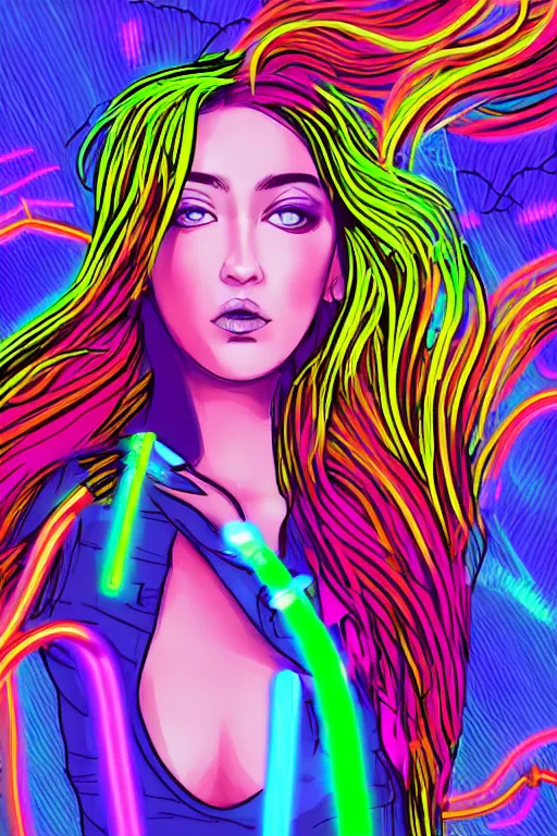 Image similar to a award winning half body portrait of a beautiful woman with stunning eyes in a croptop and cargo pants with rainbow colored hair blowing in the wind, outlined by whirling illuminated neon lines, outrun, vaporware, shaded flat illustration, digital art, trending on artstation, highly detailed, fine detail, intricate