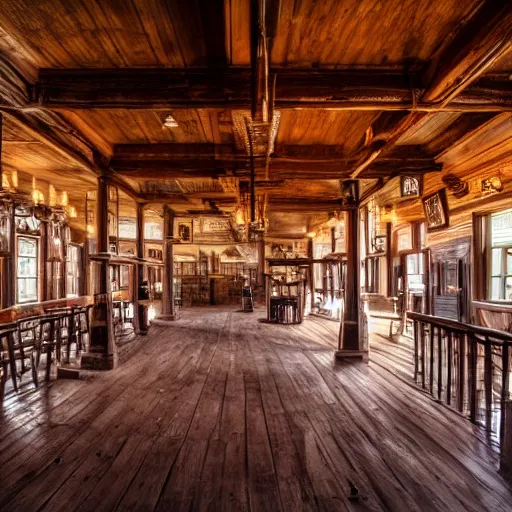 Image similar to Empty Old West Saloon at the break of day, dust particles in the air, god beams coming through the windows, hyper realistic, HD, DLSR Camera, Rococo style, Grand Piano, Staircase