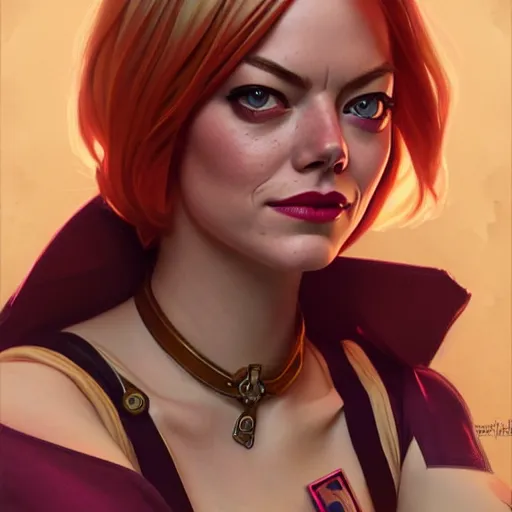 Image similar to beautiful Emma Stone as Gwenpool, western, closeup, D&D, fantasy, intricate, elegant, highly detailed, digital painting, artstation, concept art, matte, sharp focus, illustration, art by Artgerm and Greg Rutkowski and Alphonse Mucha