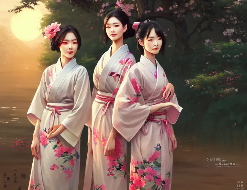 Image similar to two beautiful fashion taiwan girl wear elegant yukata in festival | | big eyes, summer night, realistic shaded, smile, good looking, fine details, 4 k realistic, cryengine, realistic shaded lighting poster by greg rutkowski, magali villeneuve, artgerm, jeremy lipkin and michael garmash and rob rey