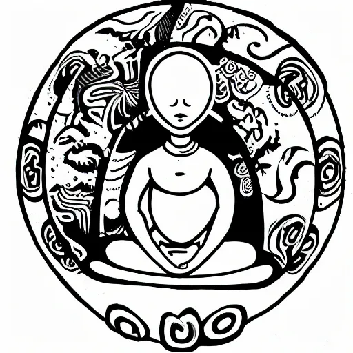 Prompt: a pregnant robot woman giving birth to a yin - yang daoist symbol emerging out of womb, full body black and white drawing