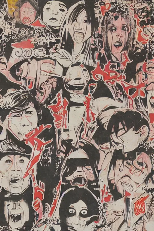 Prompt: graffiti japanese horror vhs cover art, detailed facial expressions