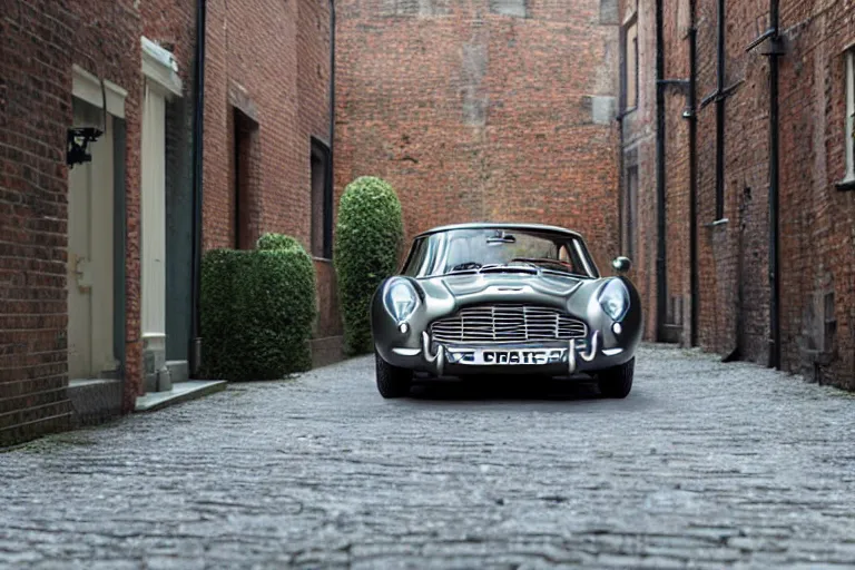 Image similar to a wholesome animation key shot of one short - wheelbase aston martin db 5, in a rich london mews residential street, miniature, waist height, medium range, studio ghibli, ( pixar ) and disney animation, sharp, very detailed, unreal engine 5 render, bloom, high resolution, anime key art by greg rutkowski