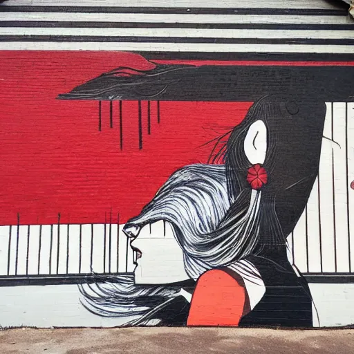 Prompt: navajo red by zeen chin, by sam bosma placid, bleak. a beautiful street art of a woman with long flowing hair, wild animals, & a dark, starry night sky.