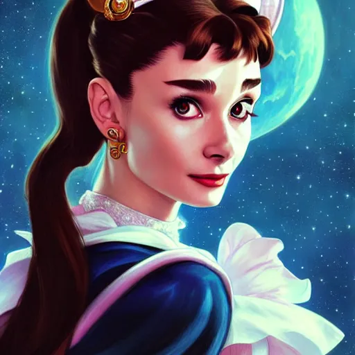 Image similar to Audrey Hepburn as Sailor Moon, western, D&D, fantasy, intricate, elegant, highly detailed, digital painting, artstation, concept art, matte, sharp focus, illustration, art by Artgerm and Greg Rutkowski and Alphonse Mucha