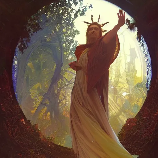 Prompt: an acrylic on canvas portrait of Ralph Fiennes Shaman Lightworker Alchemist Druid, Mystery, Love, wholeness, rooted lineage, web of life, open eye freedom by Greg Rutkowski, Artgerm and Alphonse Mucha. Epic fantasy art.