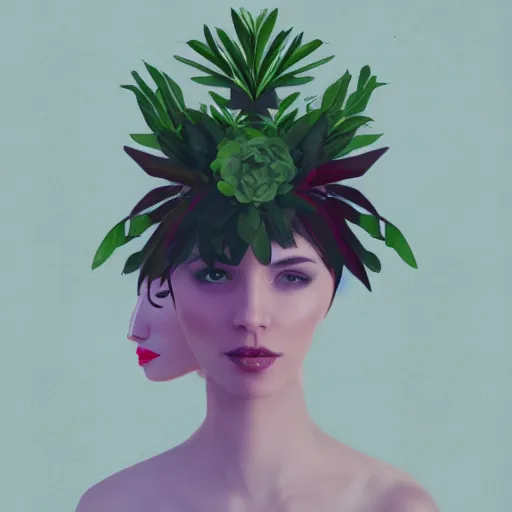 Prompt: face portrait of a woman, polygon art, plants on head, inspired by lois van baarle, cinematic, 8 k