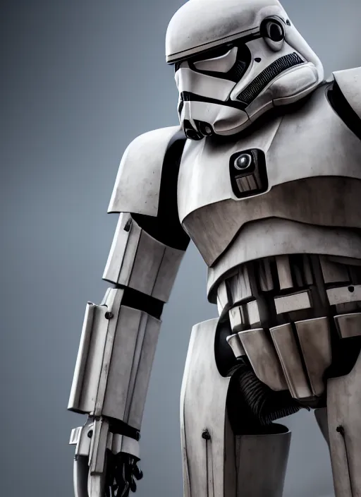 Image similar to a Photorealistic dramatic hyperrealistic render of a futuristic exosuit stylized imperial STORMTROOPER Mech,Ultra realistic details,glossy white metal,weathered surfaces,by Vitaly Bulgarov and Mike Nash,Beautiful dramatic dark moody tones and lighting,cinematic atmosphere,studio lighting,shadows,dark background, Octane render,8K