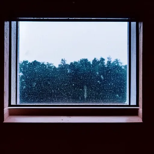 Prompt: photo of dark blue rainy bedroom window at night