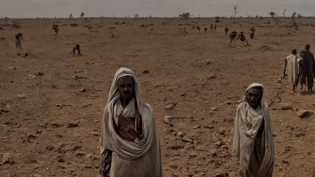 Image similar to 1984 Ethiopian biblical famine and drought, moody, dark, movie scene, hd, 4k, wide shot