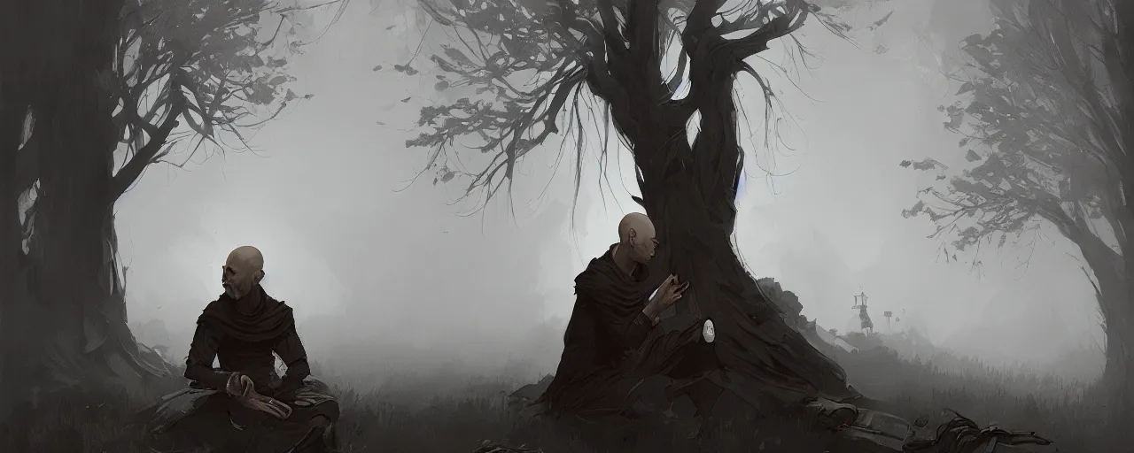 Image similar to duotone noir illustration of bald merchant demon sitting below willow tree in medieval brown tunic. foggy evening. dark dream atmosphere, by sachin teng and sergey kolesov and ruan jia and heng z. graffiti art, scifi, fantasy, hyper detailed. octane render. concept art. trending on artstation